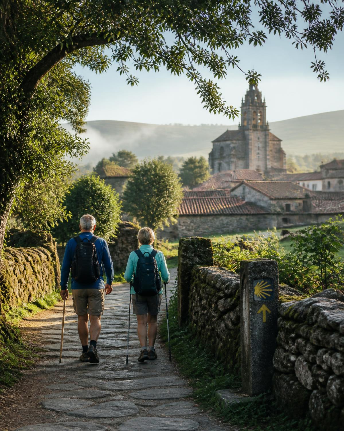 A couple walking a stone pilgrim path through green northern Spanish countryside toward a village church, dry stone walls on either side.