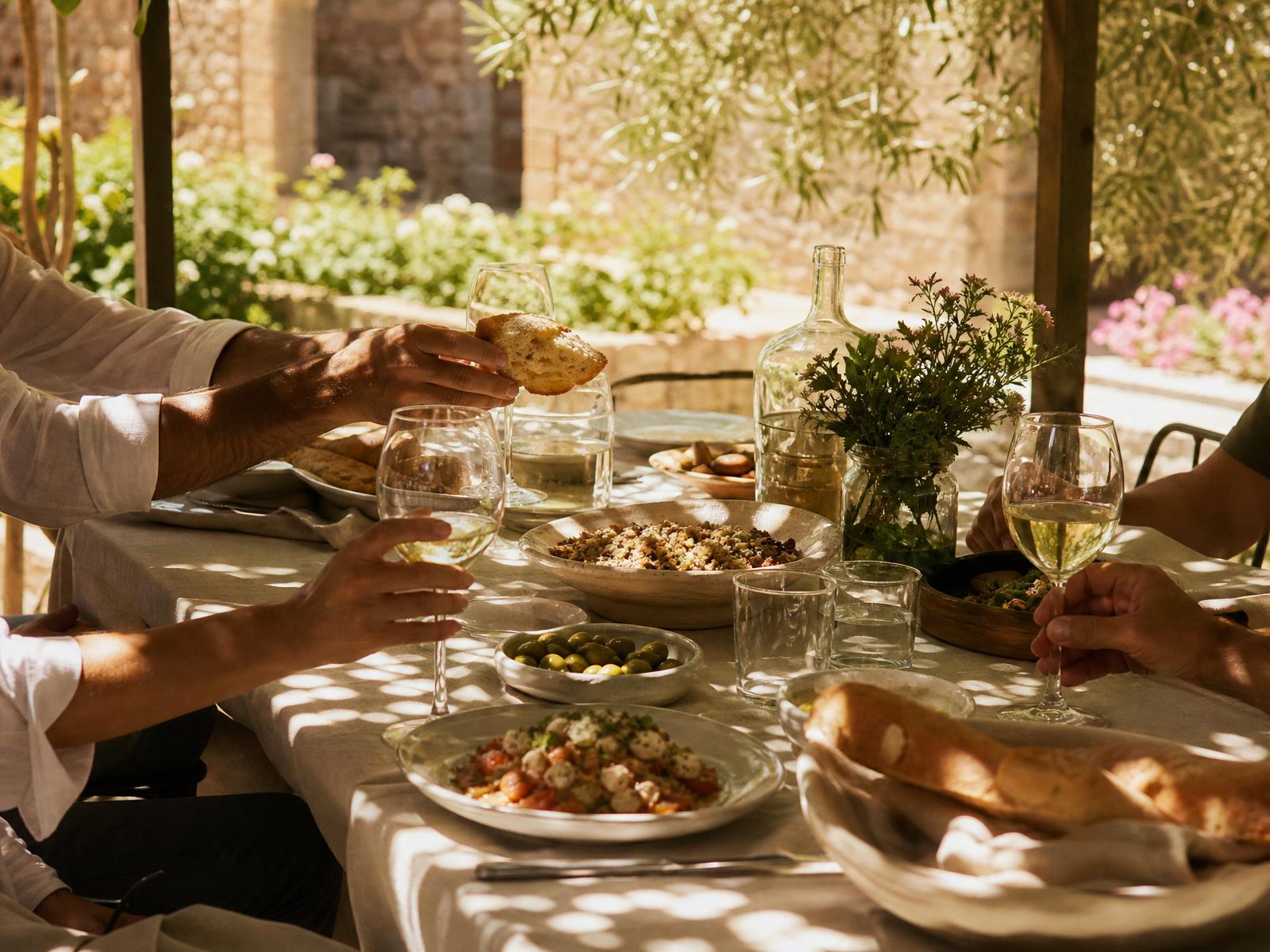 Hands reaching across an outdoor European lunch table in dappled midday light — wine glasses, bread, olives, and a small vase of wildflowers.