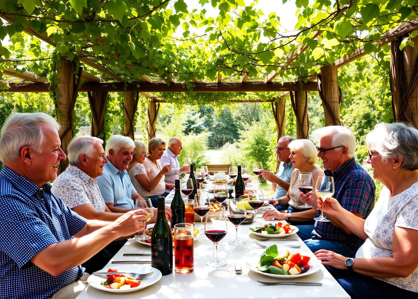 A long shared lunch table under a vine pergola in Italy, adults in their fifties and sixties laughing over fresh Mediterranean food and local wine.