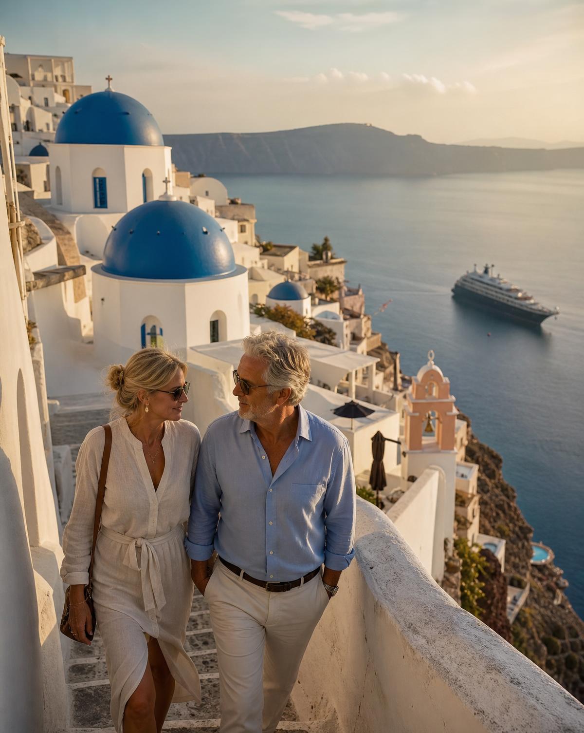 A well-dressed couple walking a whitewashed lane above the Santorini caldera at golden hour, with iconic blue-domed churches and a boutique cruise ship anchored on the Aegean below.