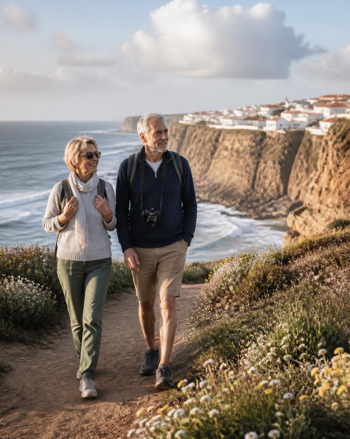 A couple in their sixties walking a clifftop coastal path on the Portuguese Atlantic coast, wildflowers in the foreground and a whitewashed village on the headland beyond.