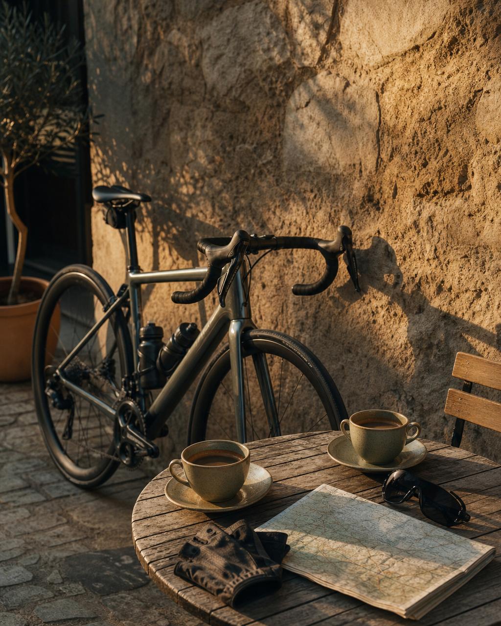 A road bicycle beside a café table with two coffees in warm morning light.