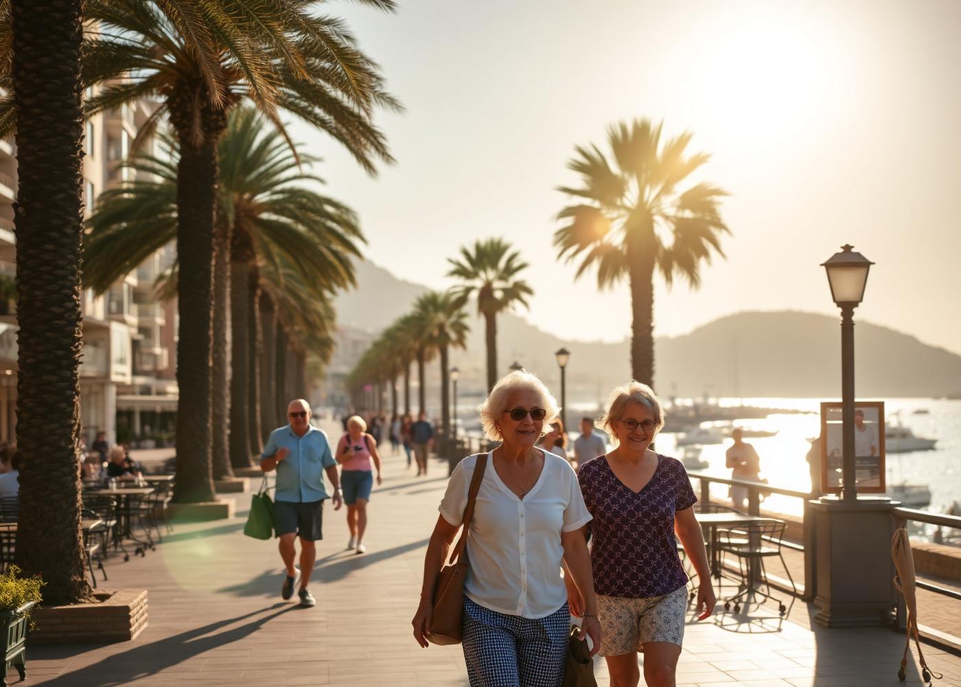 Two women in their sixties walking a palm-lined seafront promenade in a Spanish coastal city in warm afternoon light, harbour and café terraces alongside.