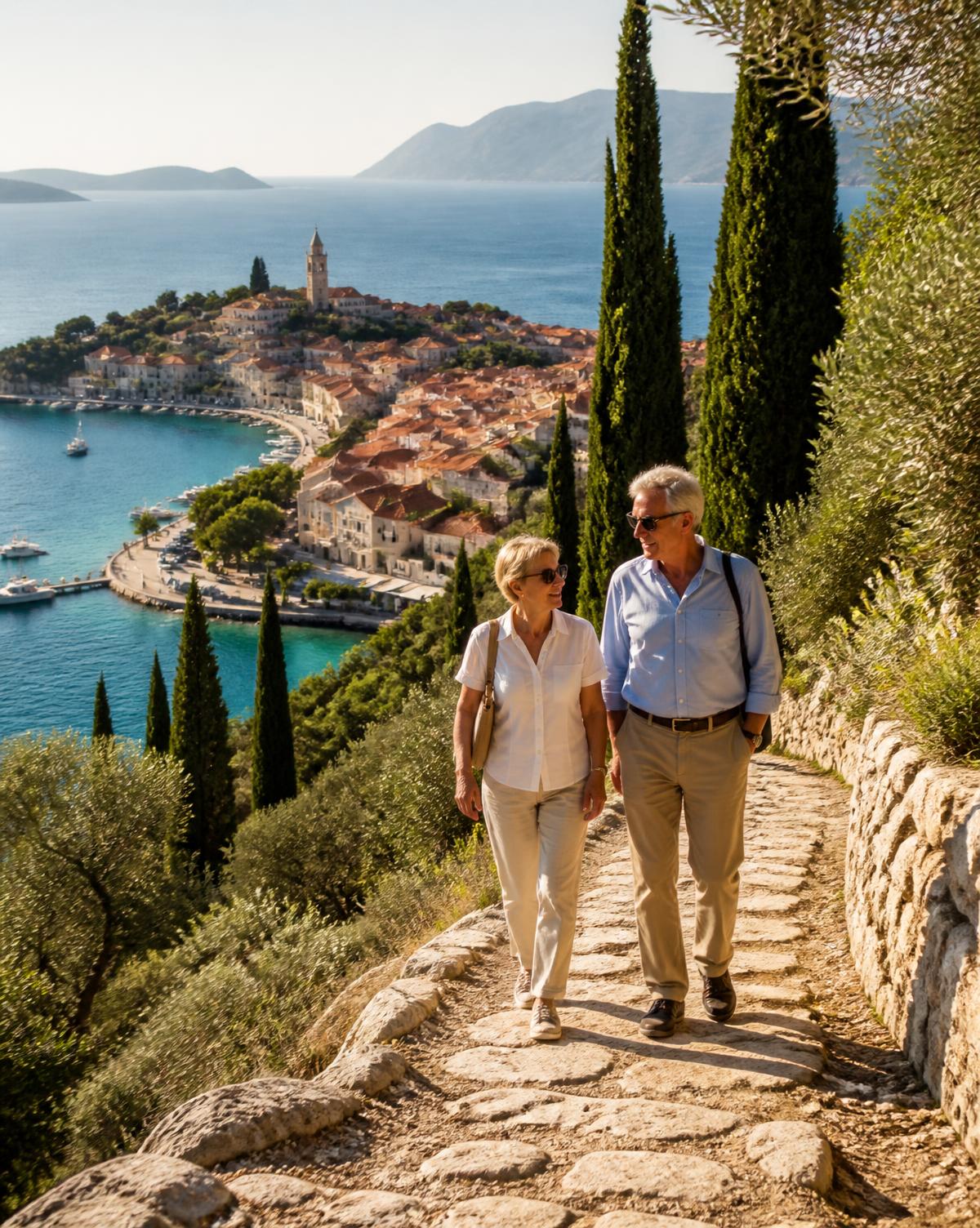 A couple walking a stone path above the Adriatic on a Croatian island, cypress and olive trees beside them and a terracotta-roofed harbour village below.