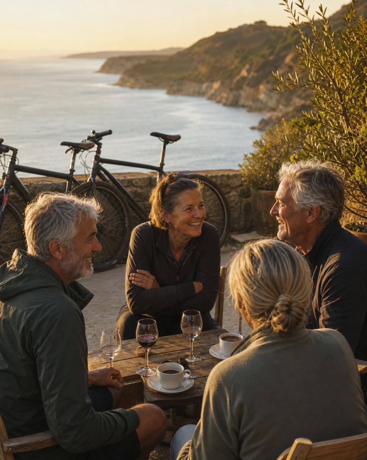 Four active adults gathered around a low wooden table at an ocean overlook at sunset, glasses of wine and cups of coffee between them, two bicycles resting against a stone wall behind.