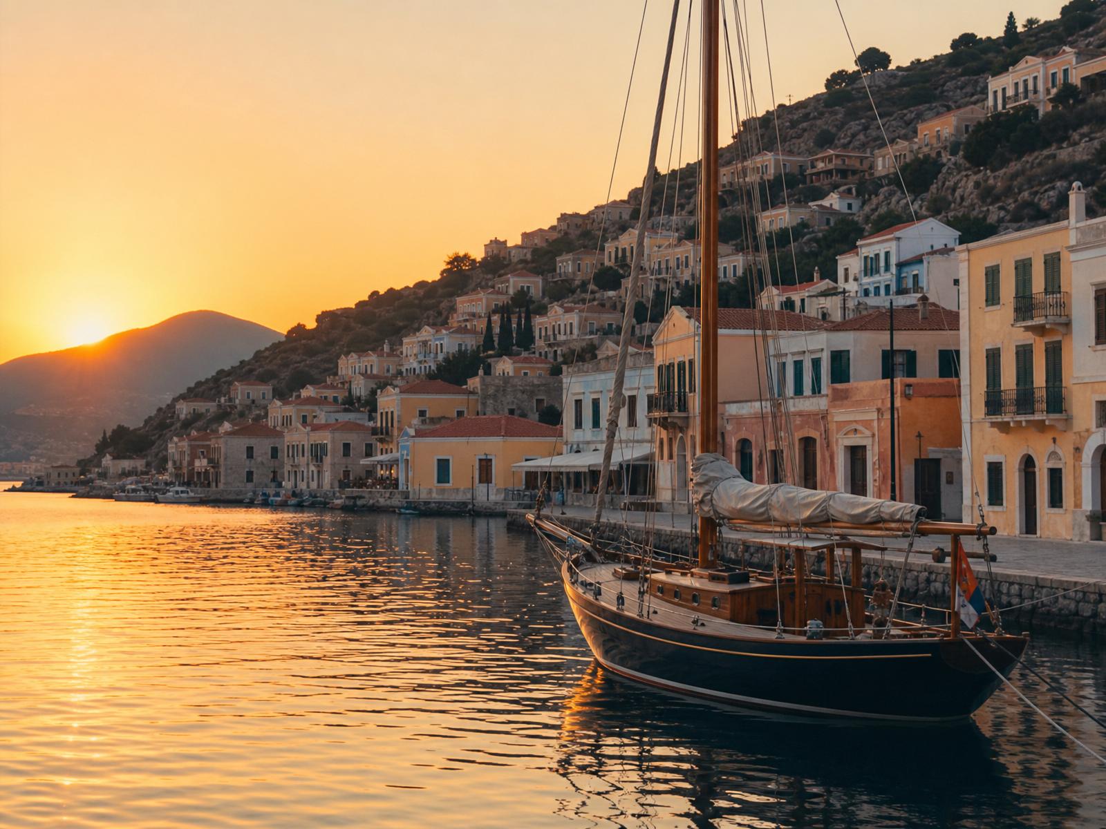 An elegant wooden sailing boat moored in a quiet Mediterranean harbour at sunset, pastel village houses climbing the hillside behind.