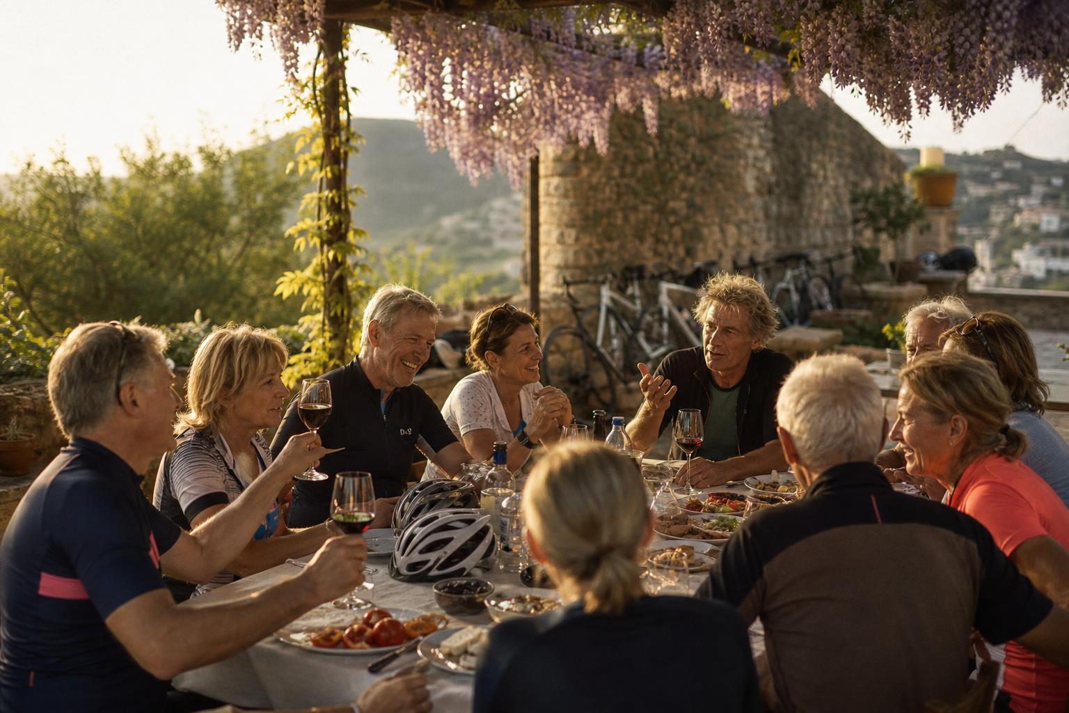 Ten friends laughing around a wisteria-shaded Mediterranean table after a long ride, bicycles resting behind them and helmets set among wine glasses and shared plates