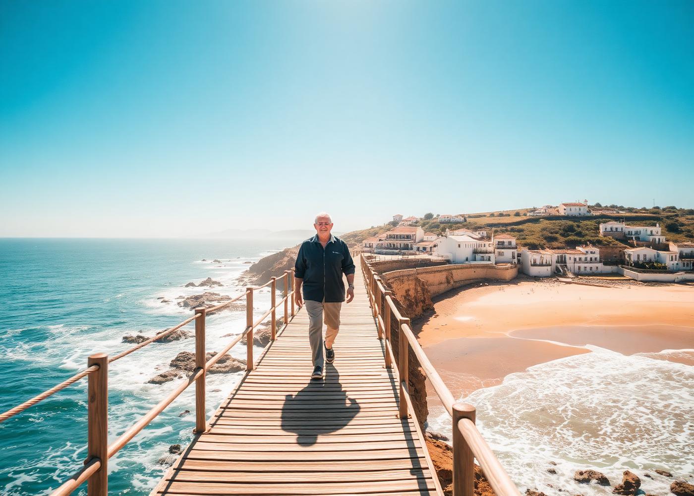 An active adult walking a wooden clifftop boardwalk above the Atlantic on the Portuguese coast, a whitewashed village and sandy bay beyond.