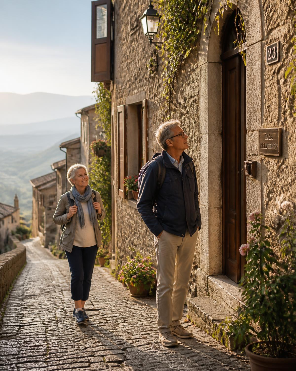 Two adults in their sixties walking a cobbled lane in an Italian hill village in soft morning light, stone houses and flower pots along the way.