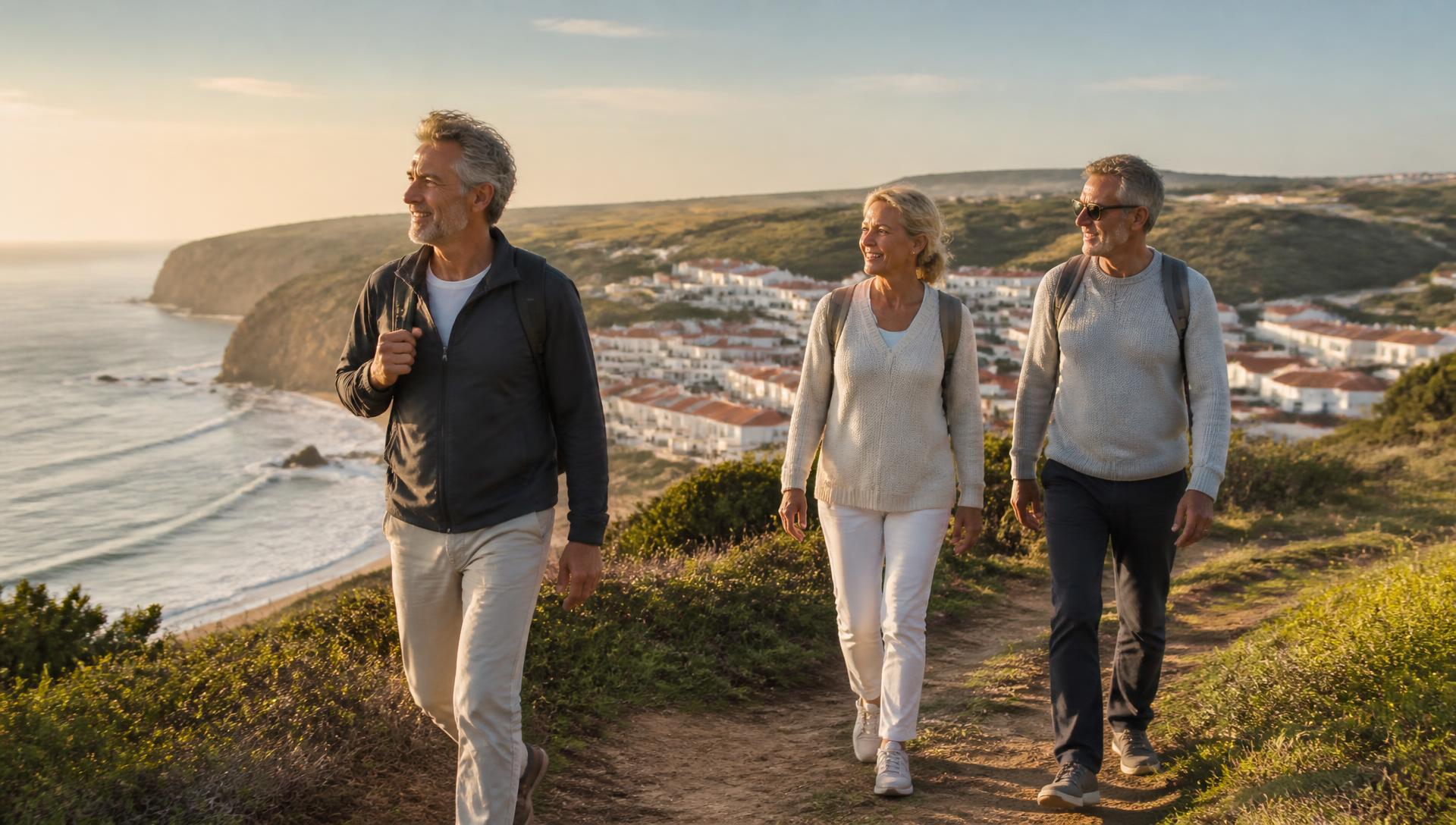 Three active adults in their fifties and sixties walking a grassy coastal path in Portugal at golden hour, a whitewashed village and the Atlantic below.