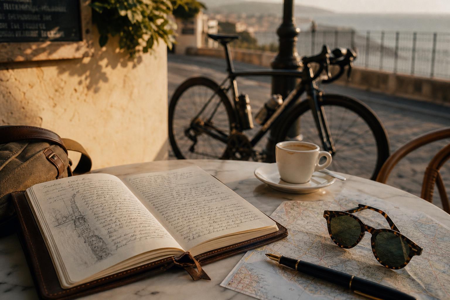 A marble café table on a Mediterranean terrace at golden hour — open handwritten journal, espresso, folded map, tortoiseshell sunglasses, and a road bike softly out of focus beyond