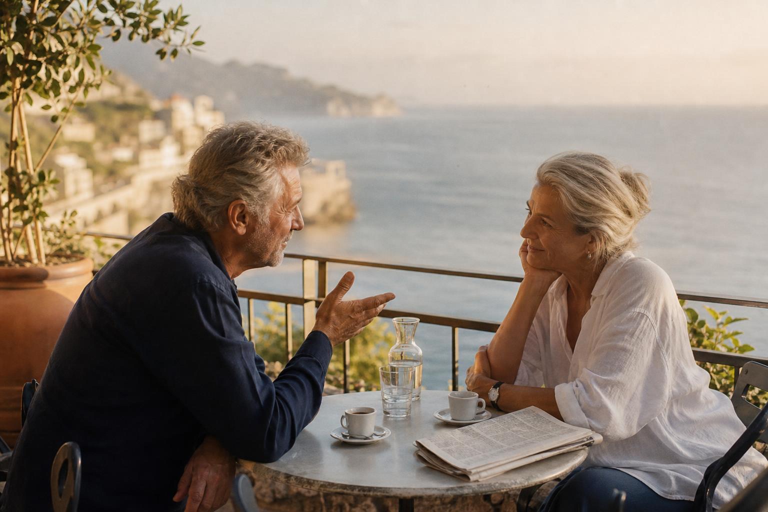 Two adults sharing coffee and conversation on a Mediterranean terrace at golden hour, overlooking the coastline