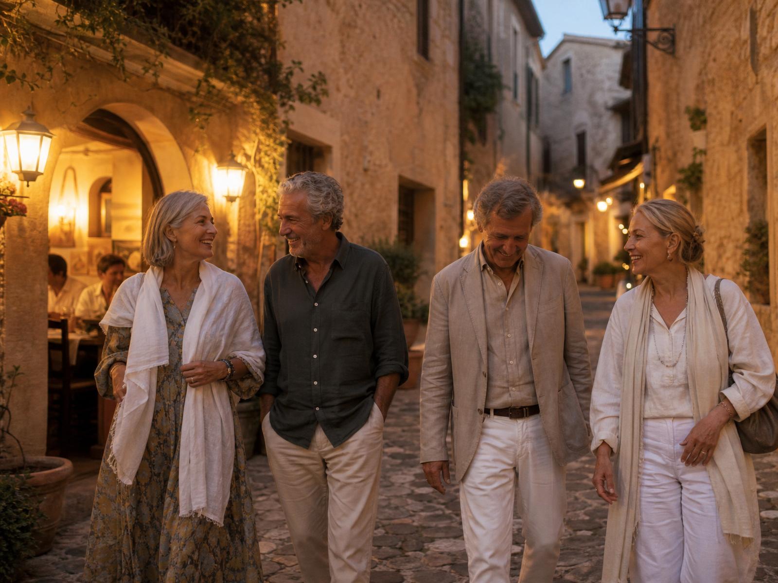 Four friends walking a lantern-lit European village lane in warm evening light, mid-laughter.