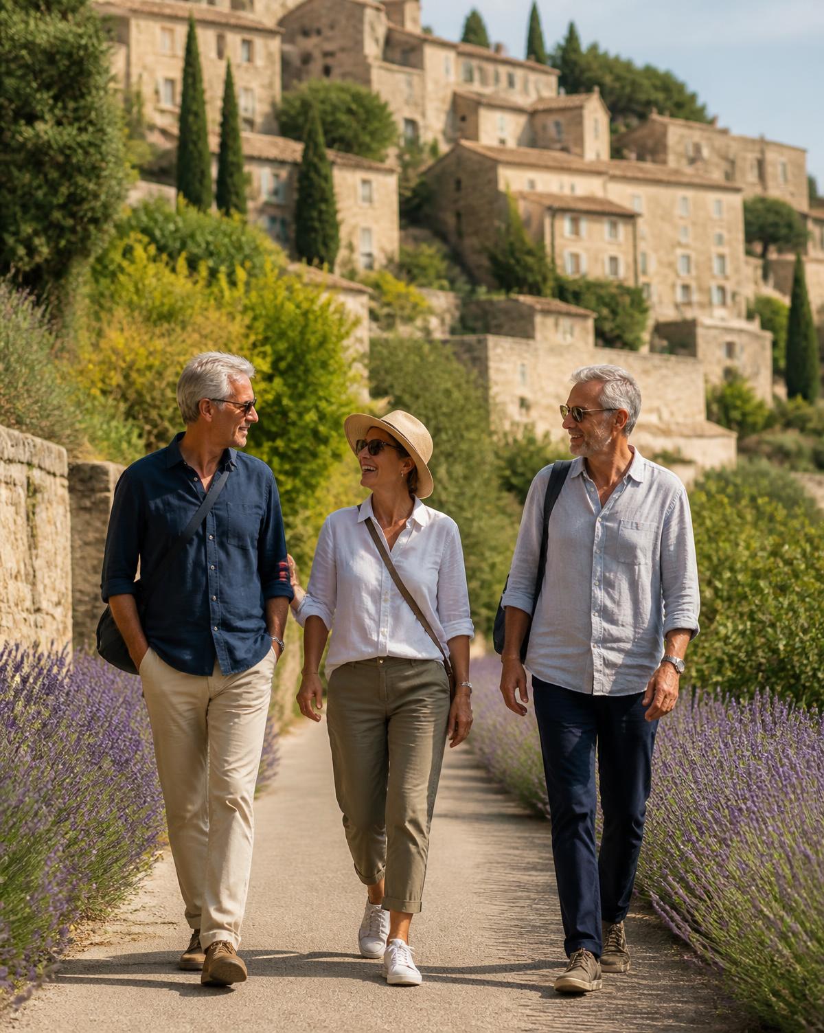 Three adults walking a lavender-lined lane in Provence, a honey-coloured stone hill village rising behind them in warm afternoon light.