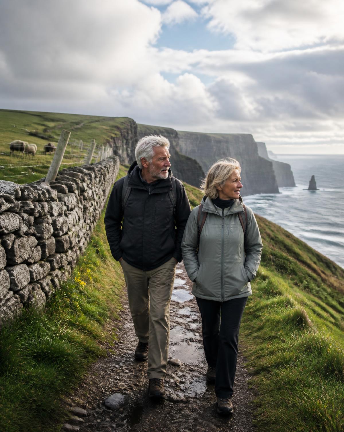 Two adults walking a green coastal footpath in Ireland beside a dry stone wall, dramatic sea cliffs and the Atlantic beyond under breaking cloud.