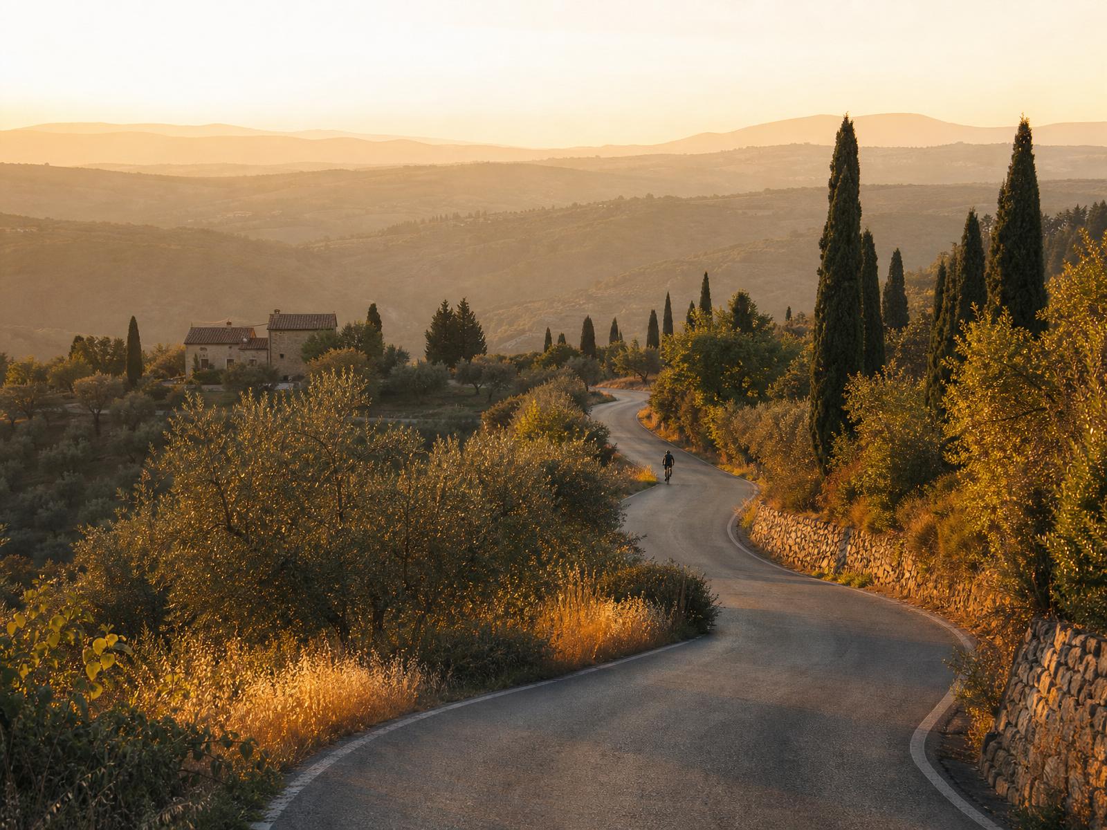A single cyclist on a winding rural road through Mediterranean hills at golden hour, landscape dominating the frame.