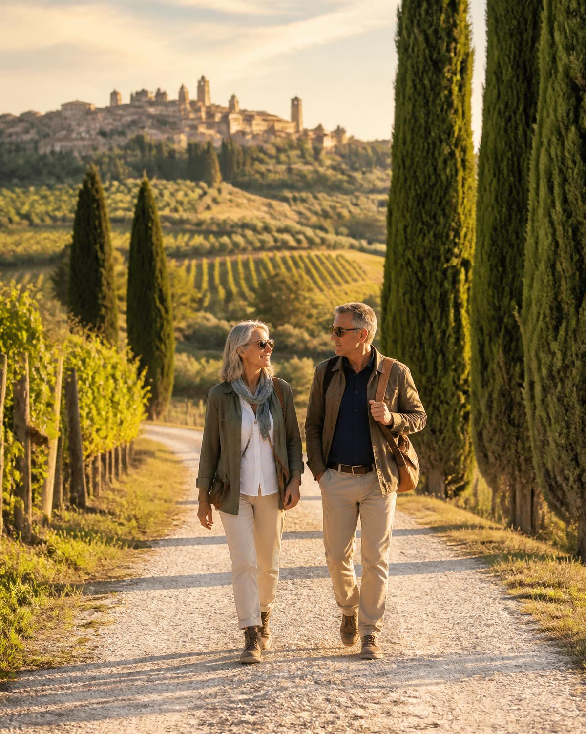 Two active adults walking a white gravel road between cypress trees and vineyards in Tuscany, a hilltop town on the ridge in golden light.