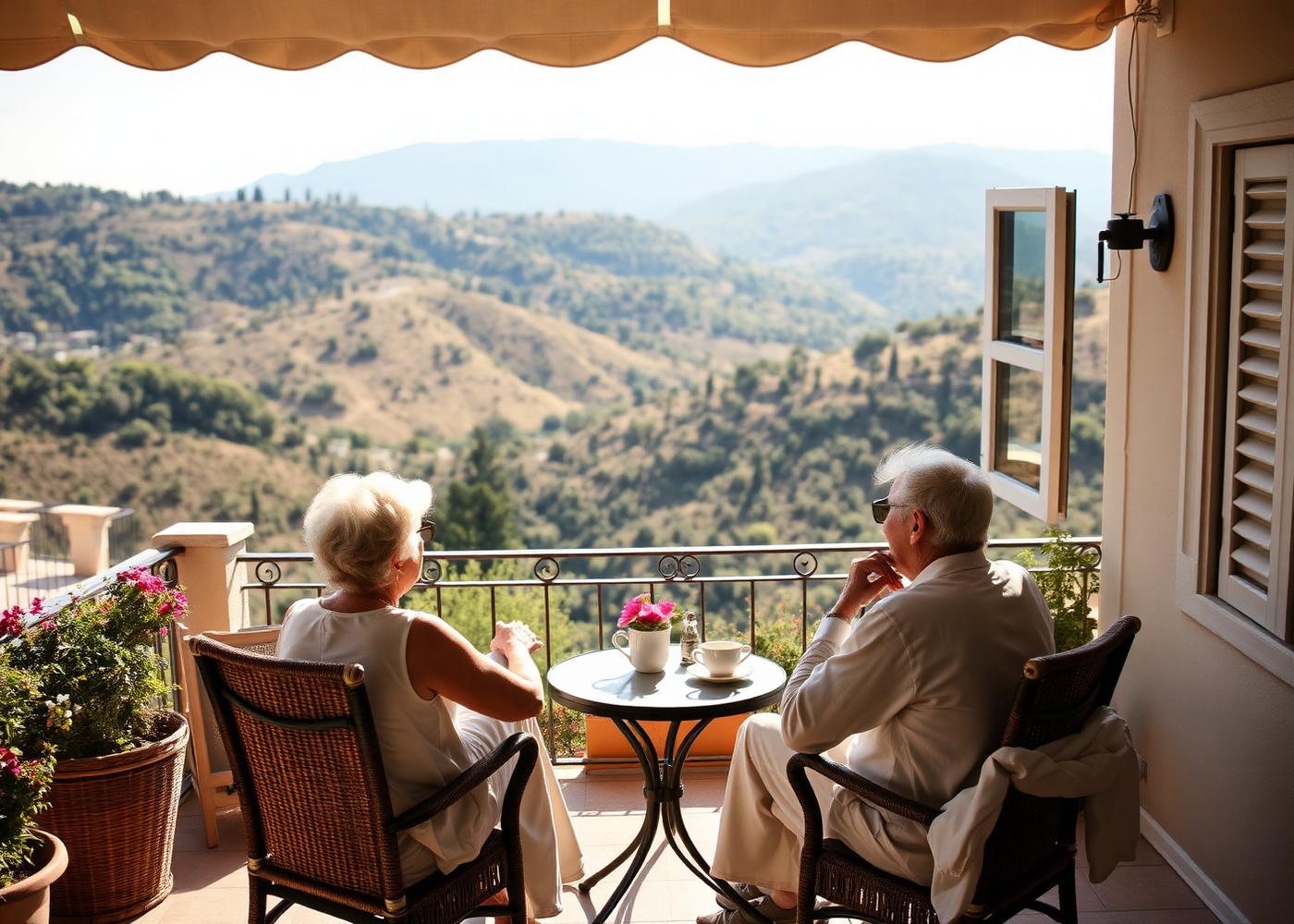 A couple in their sixties sitting with coffee on a quiet hotel terrace above green hills in soft morning light.