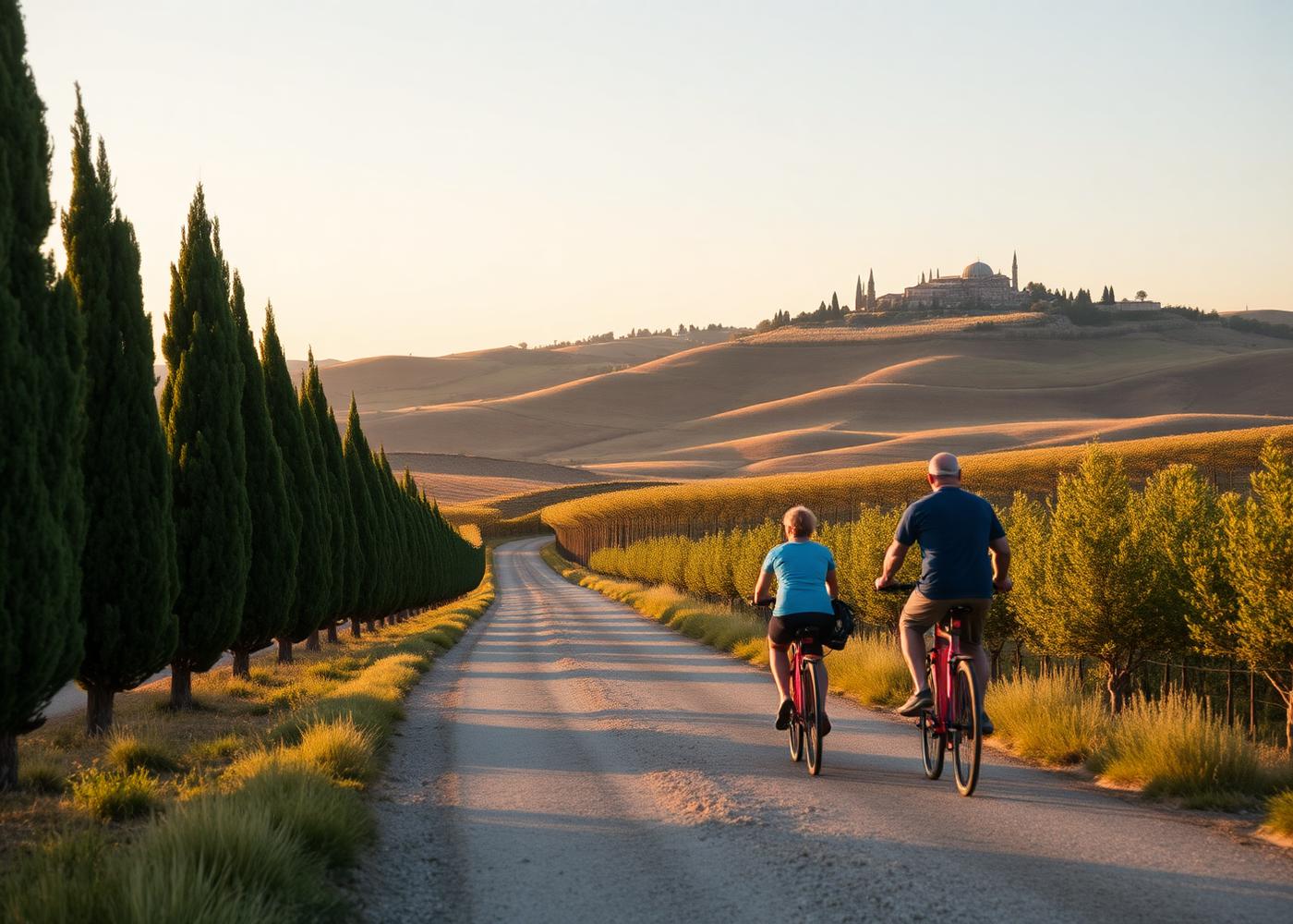Two adults cycling a quiet gravel road between cypress trees in Tuscany at golden hour, a hilltop town on the ridge beyond.