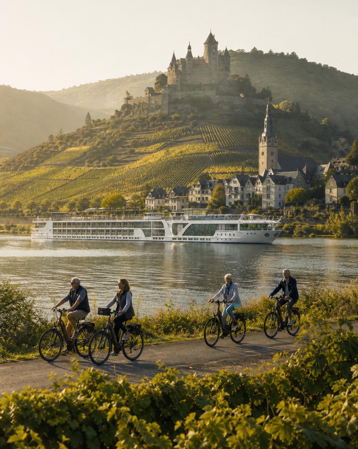 A luxury European river cruise ship on a calm river at golden morning light, with four active adults cycling along the tow-path and a hilltop castle above vineyard terraces behind.