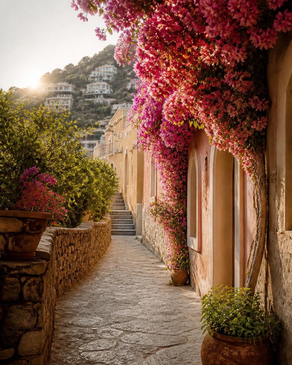 Sunlit cobblestone lane in Positano, Italy, symbolizing future adventures.