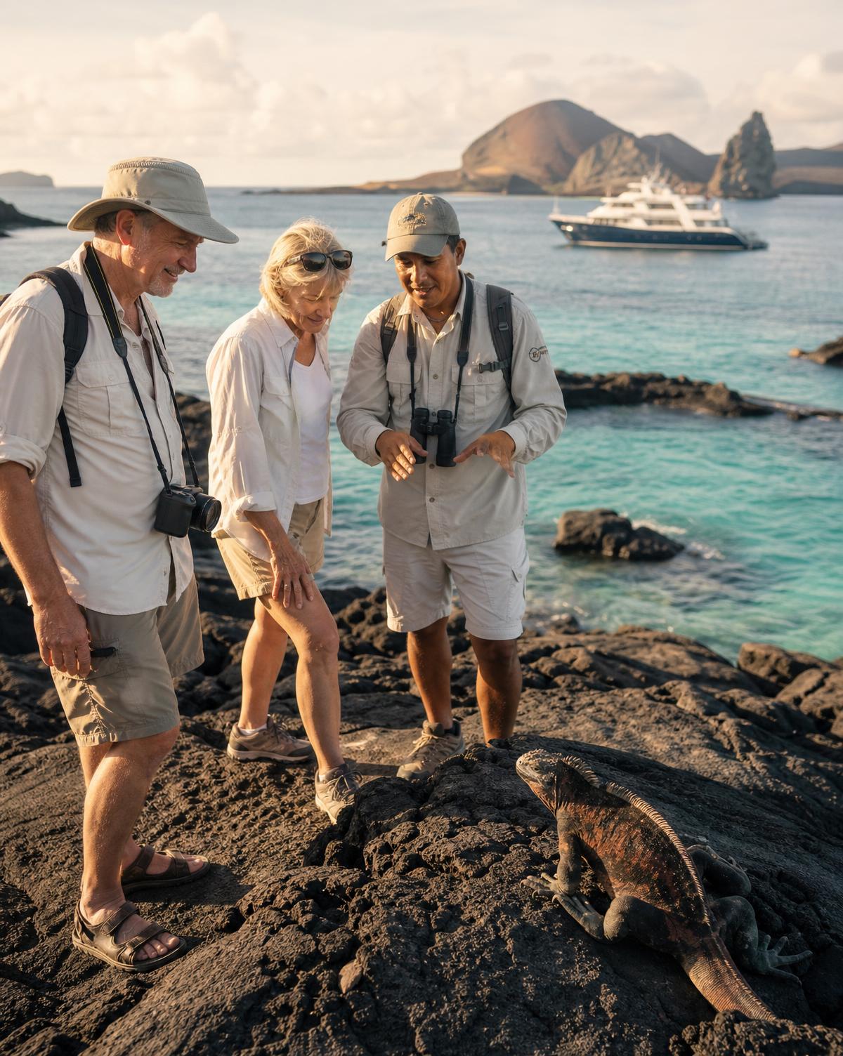 A naturalist guide with two travellers observing a marine iguana on volcanic rock in the Galápagos at soft morning light, an elegant expedition vessel anchored in a turquoise bay behind.