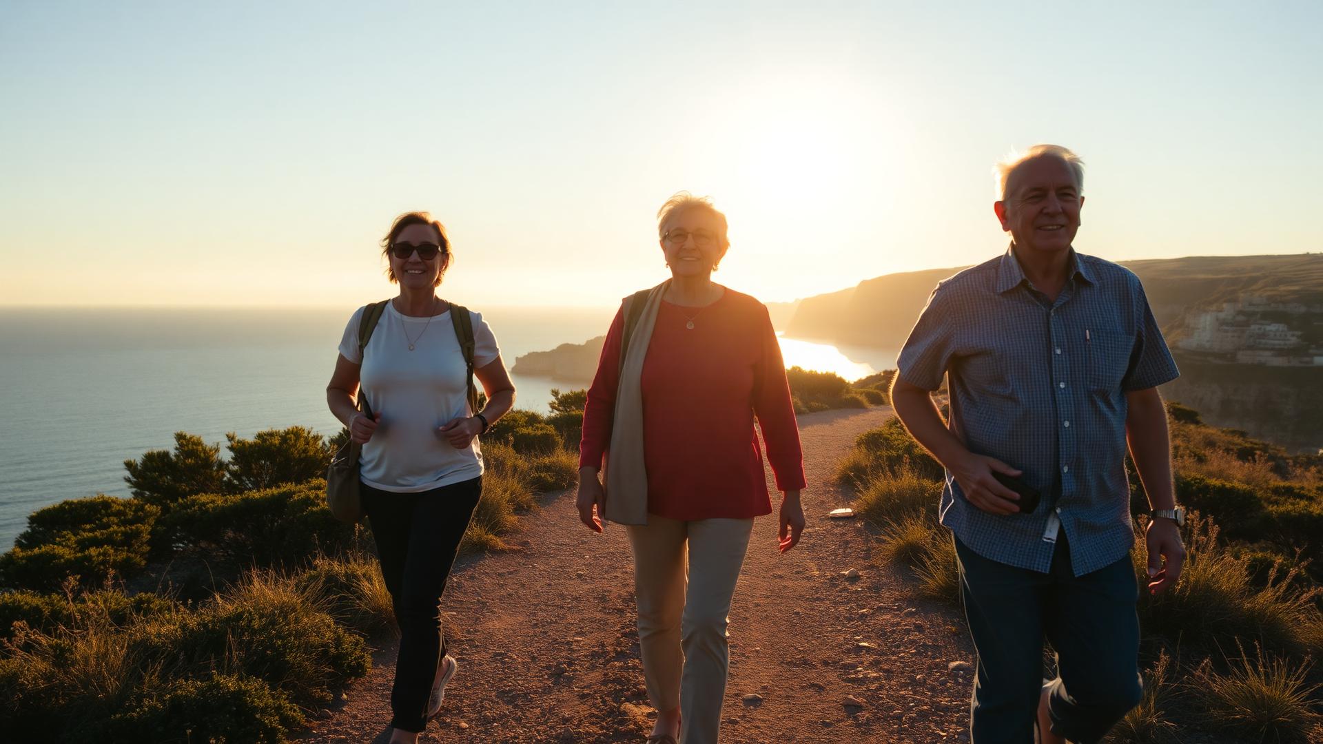 Three active adults in their fifties and sixties walking a sunlit coastal path in southern Europe at golden hour, the sea and cliffs beyond.