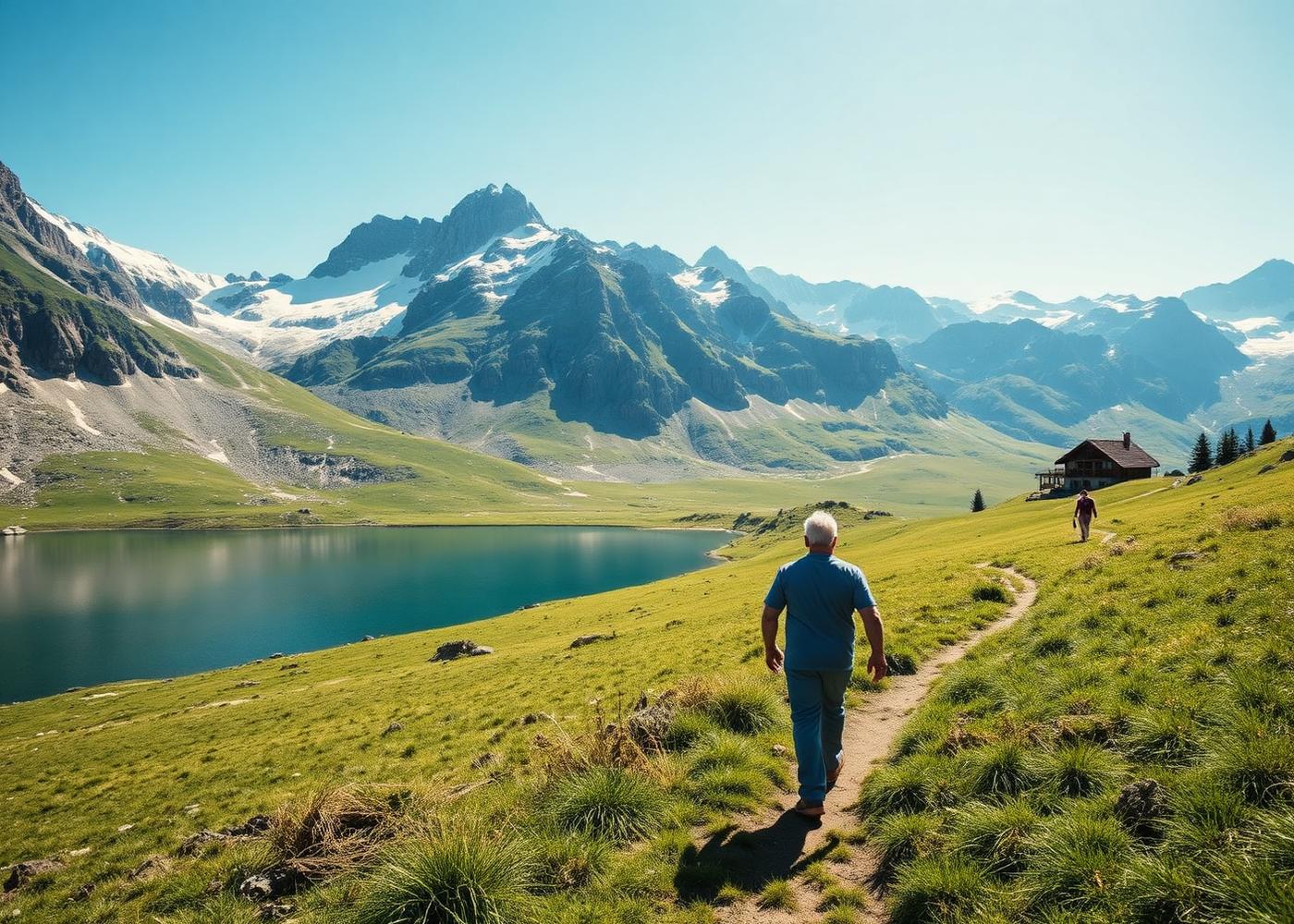 An adult walking a grassy mountain trail beside an alpine lake in summer, snow-dusted peaks and a chalet in the distance.