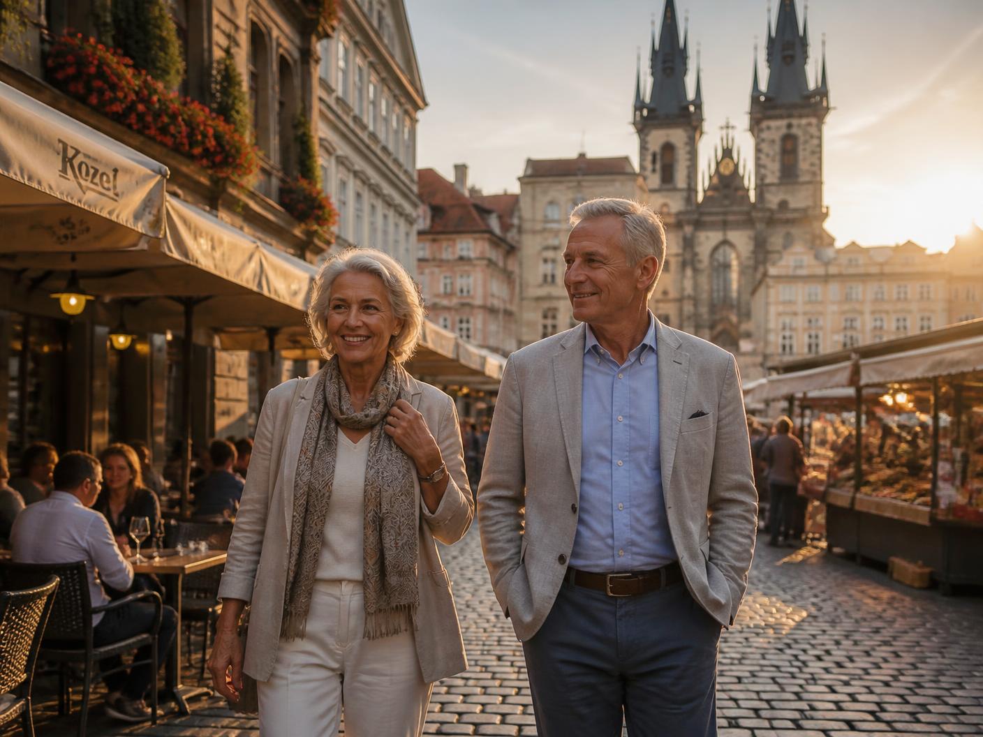 A couple in their sixties walking through a historic European city square in early evening light, café terraces and market stalls around them.