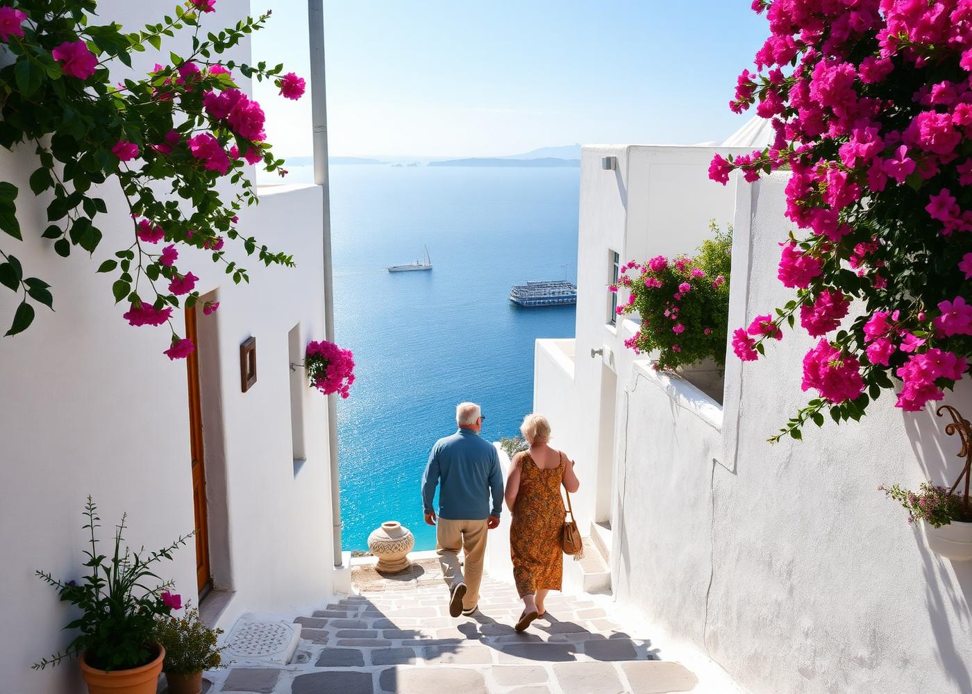 A couple in their sixties walking down a whitewashed stepped lane on a Greek island toward the blue Aegean, bougainvillea in bloom on either side.