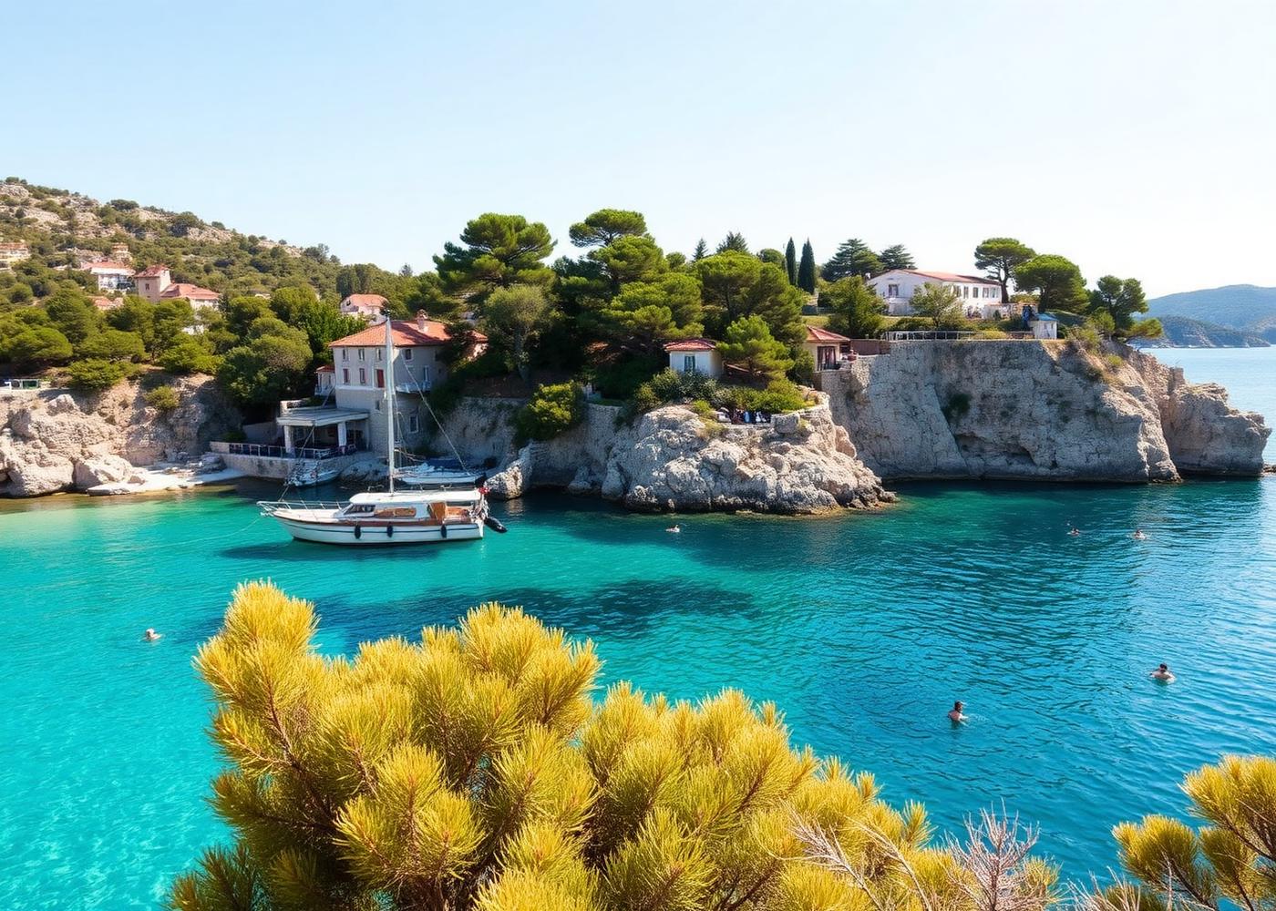A sheltered Croatian island cove with turquoise water, swimmers, pine trees and a small boat anchored below a stone village.