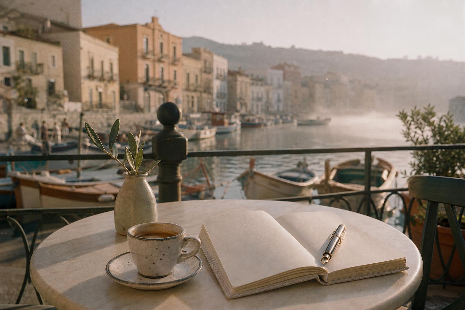 An early-morning Mediterranean harbour terrace with a single espresso, an open notebook, and fishing boats moored in soft coastal light