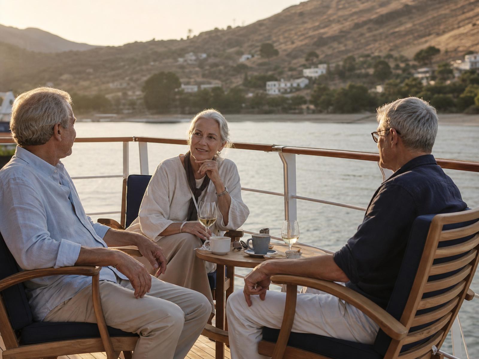 Three adults in unhurried conversation on the teak deck of a small premium ship at golden hour, wine and coffee on the table between them, calm coastline behind.