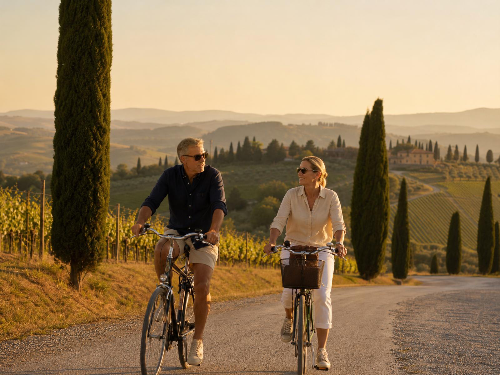 Two adults cycling side by side along a quiet Tuscan country road at golden hour, cypress trees and vineyard hills behind.