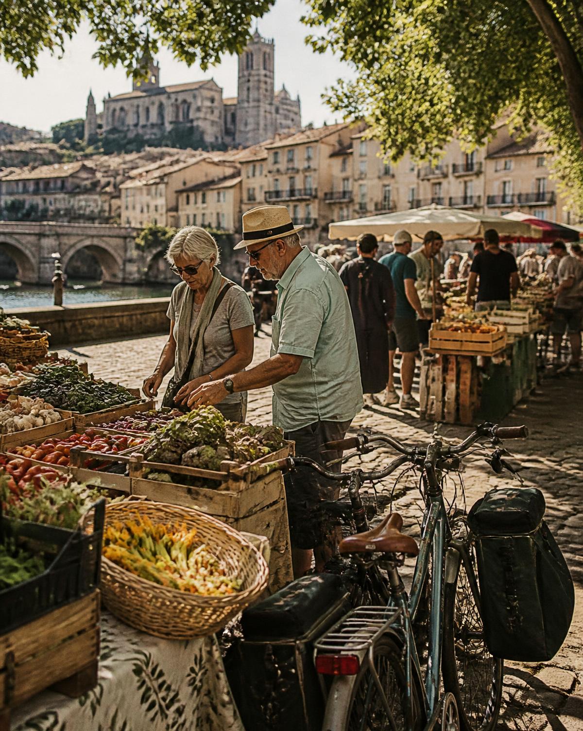 Travellers browsing a riverside market of fresh produce in a historic European town, bicycles resting nearby.