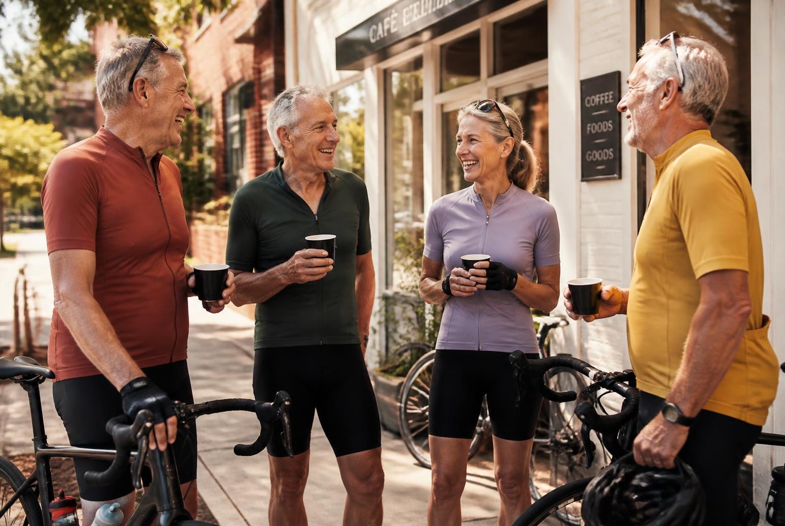 A group of adults in cycling clothing standing with their bicycles outside a bright new neighbourhood café, holding coffee and laughing together on a summer morning.
