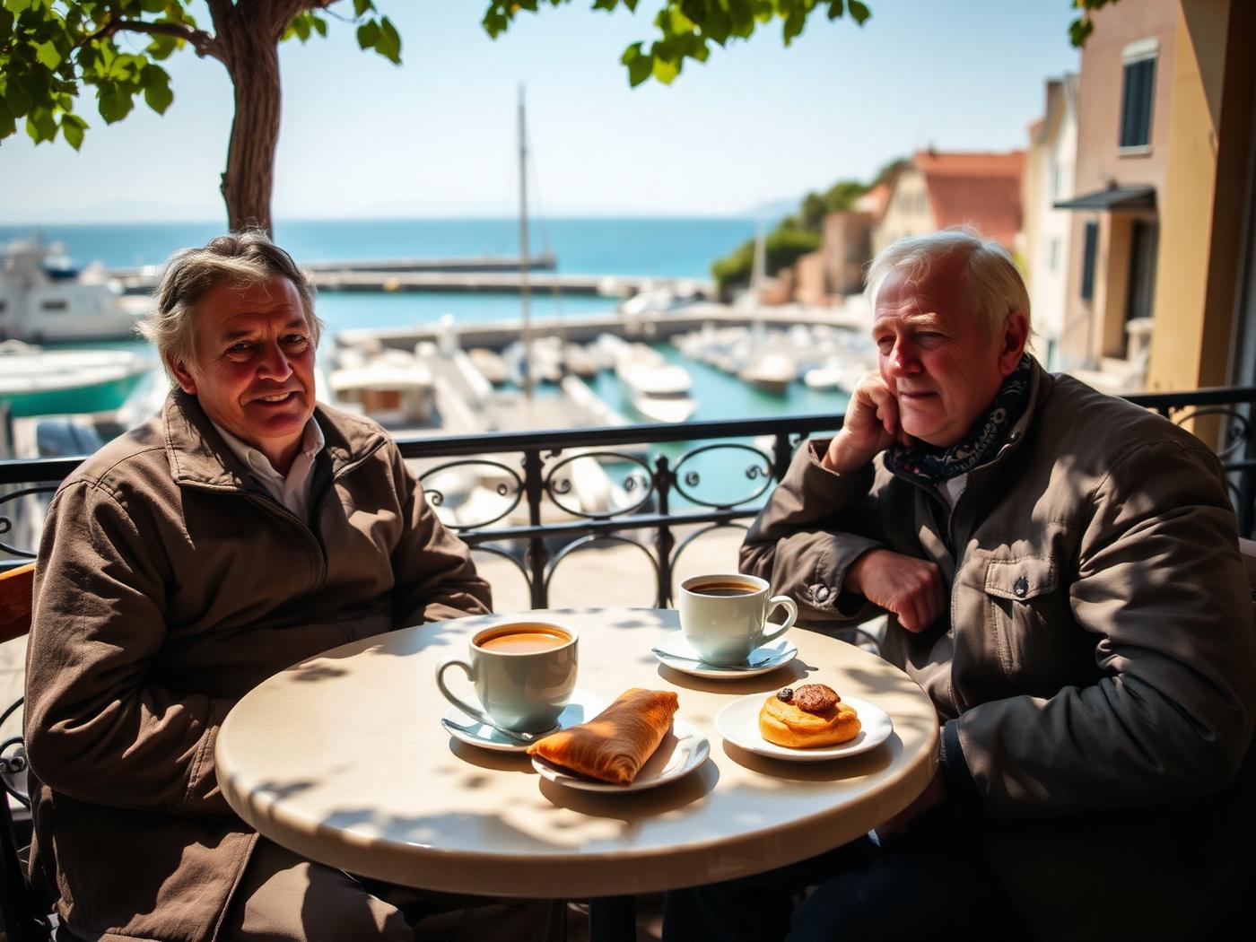 Two travellers relaxing at a small outdoor café table in a coastal European port town, harbour and blue water beyond, dappled afternoon shade.