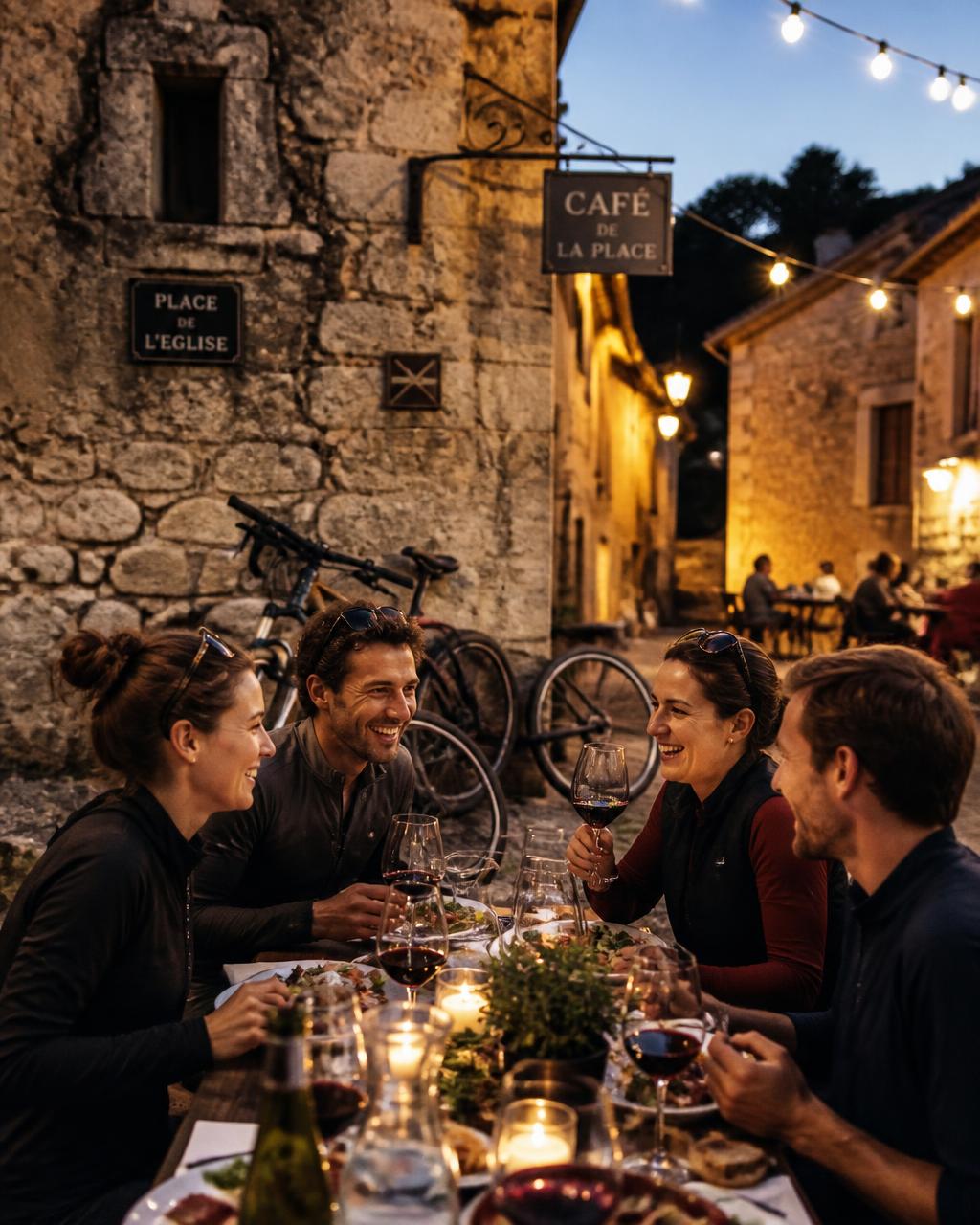 Four adults sharing a candlelit dinner at a long table in a European village square at dusk, bicycles resting against a stone wall behind them.
