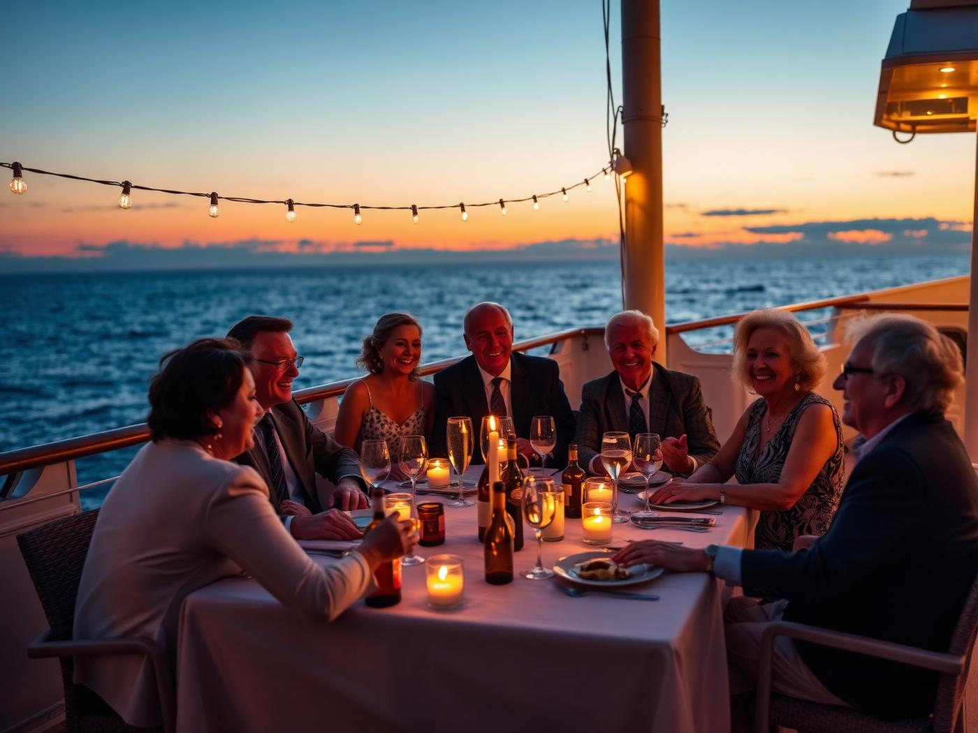 A group of well-dressed adults in their sixties dining outdoors on a ship's deck at dusk under string lights, the ocean horizon glowing after sunset.