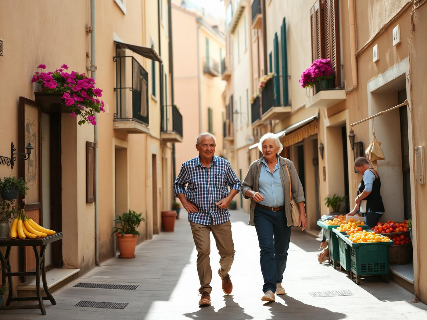 Two active adults in their late fifties walking a narrow sunlit old-town street in a Mediterranean port, flowers on the balconies and a shopkeeper arranging fruit.