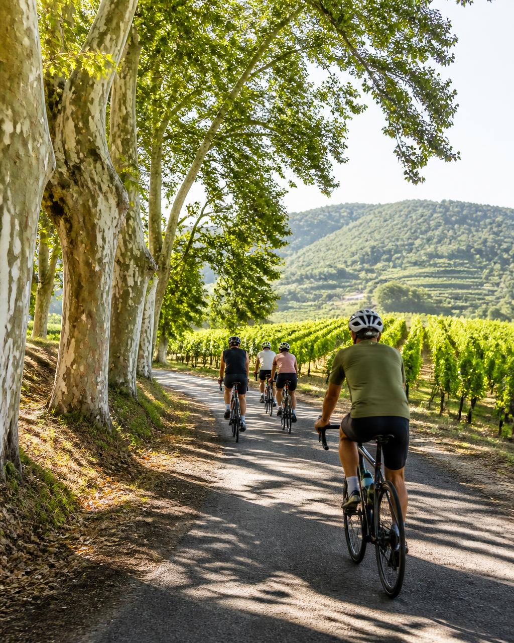 A small group of cyclists riding a narrow country lane between sunlit vineyards, dappled shade from plane trees overhead.