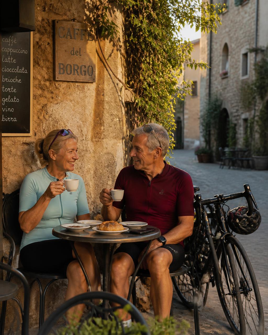 A couple in their sixties in cycling clothes sharing espresso and pastries at a small stone village café in early morning light, bicycles leaning against the wall.
