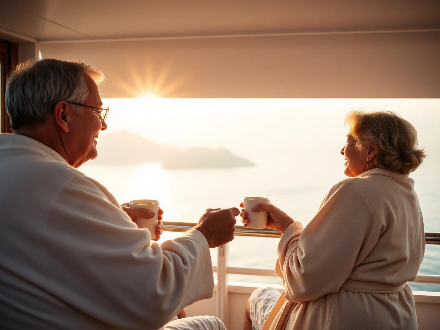 A couple in their sixties in soft robes drinking coffee on a ship balcony at sunrise as a new coastline appears through the morning haze.