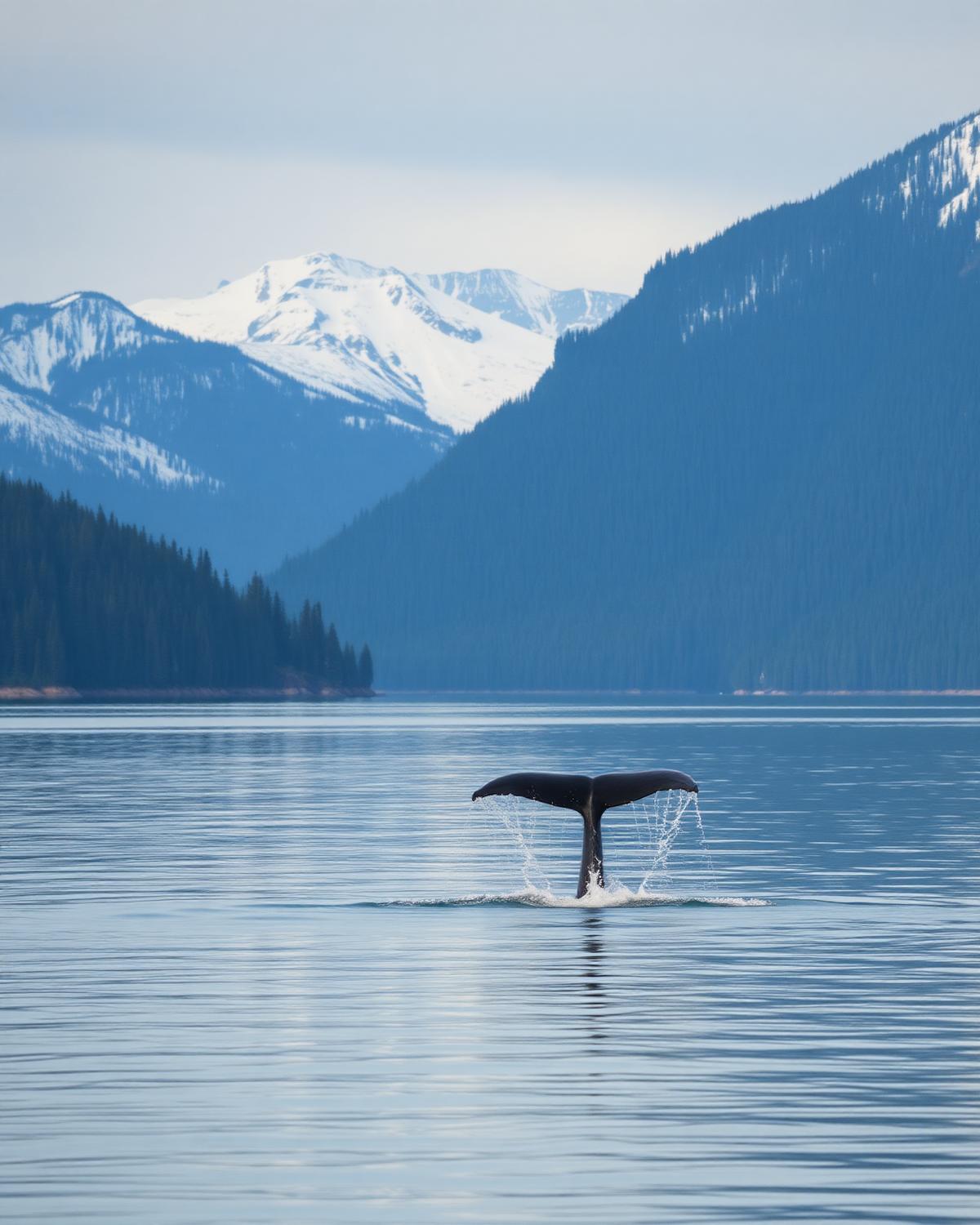 The Alaskan inside passage with forested islands and snow-capped peaks, a humpback whale tail breaking the calm water.