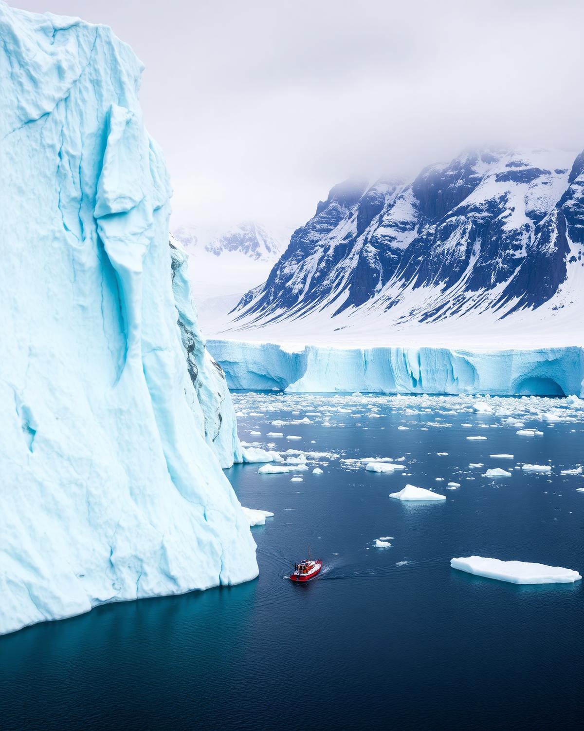 An immense blue glacial ice cliff meeting dark polar water, snow-covered mountains behind and a small boat for scale.