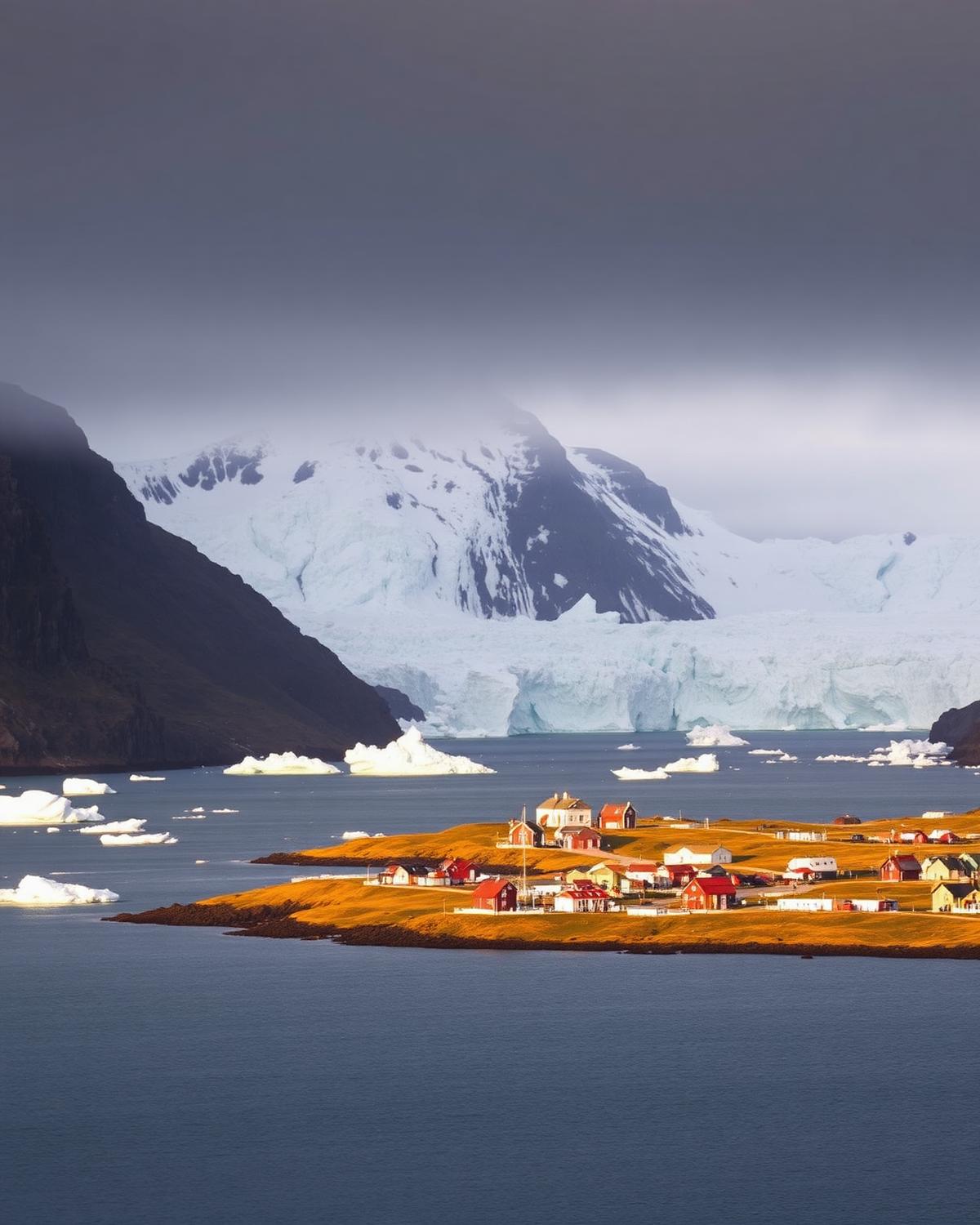 A Greenland fjord with icebergs and a glacier front, a small colourful coastal settlement lit by low arctic sun.