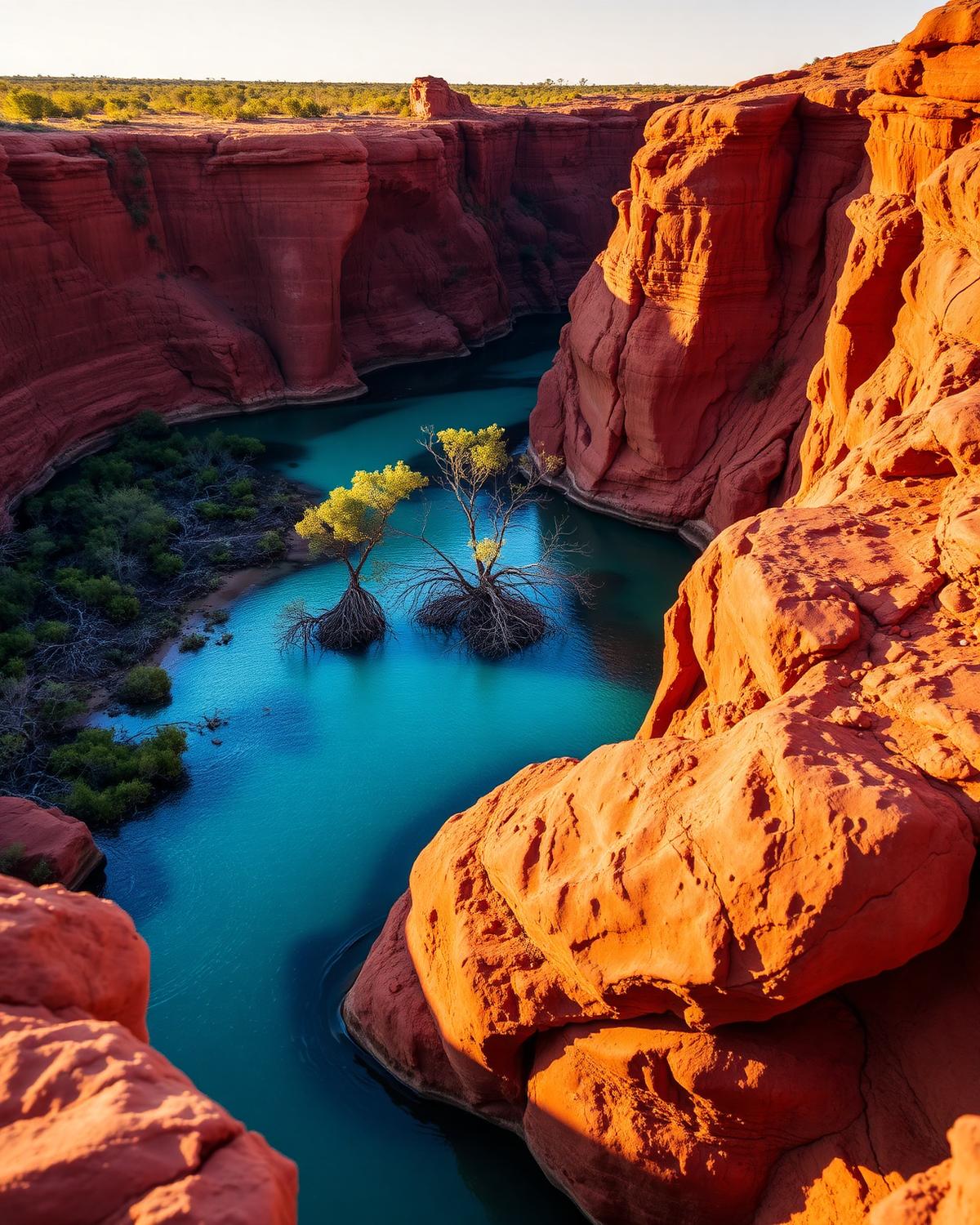 A remote red sandstone gorge in Australia's Kimberley region with turquoise tidal water and mangroves in warm late light.