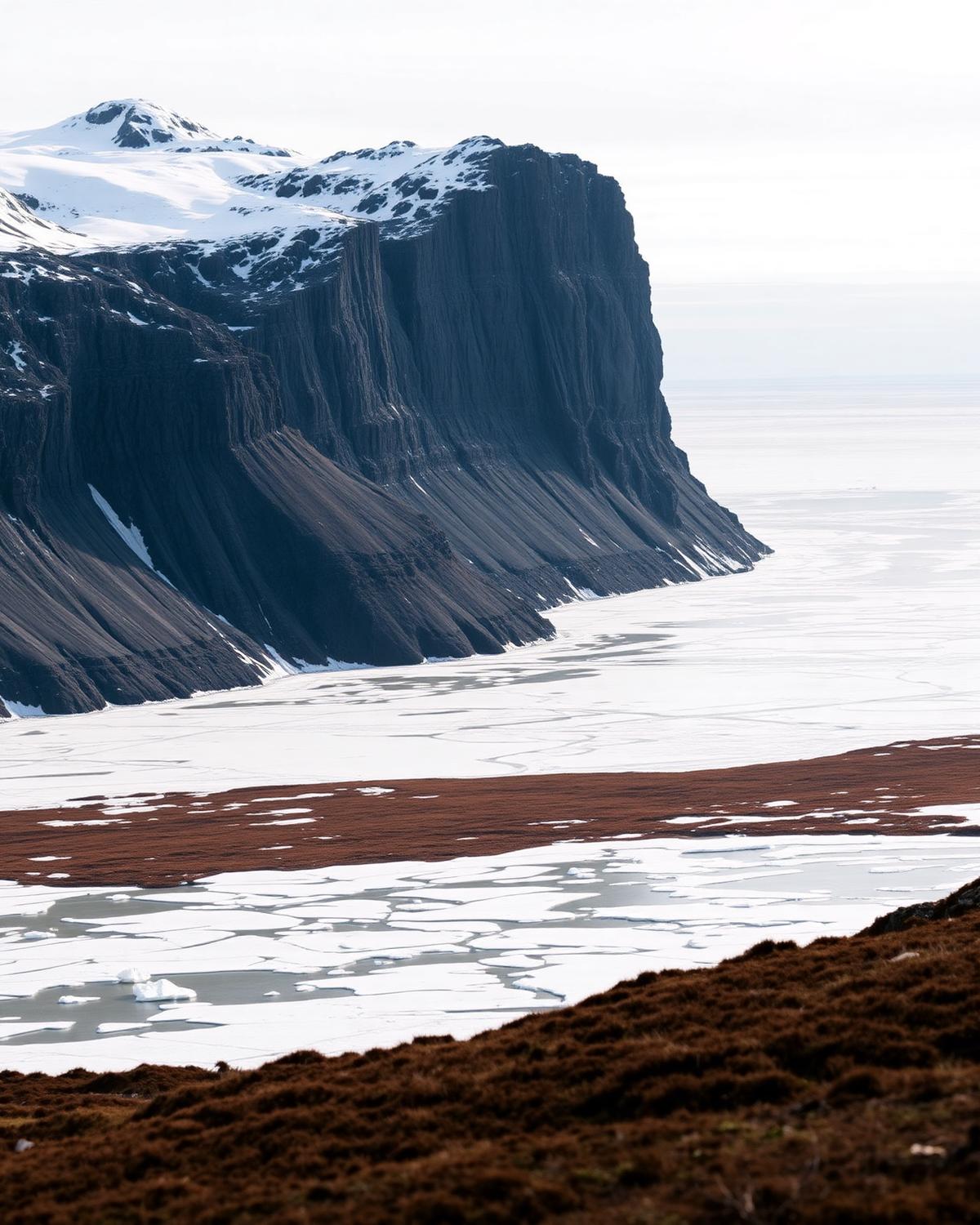 Sheer dark cliffs above a frozen Canadian Arctic channel, tundra in the foreground under a pale northern sky.