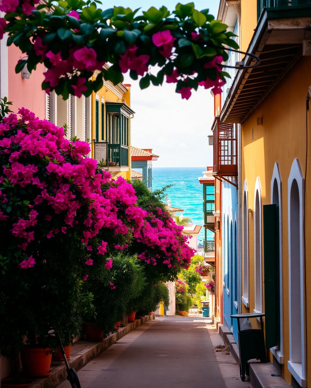A colourful Caribbean waterfront street with pastel colonial buildings and bougainvillea, turquoise sea visible at the end of the lane.