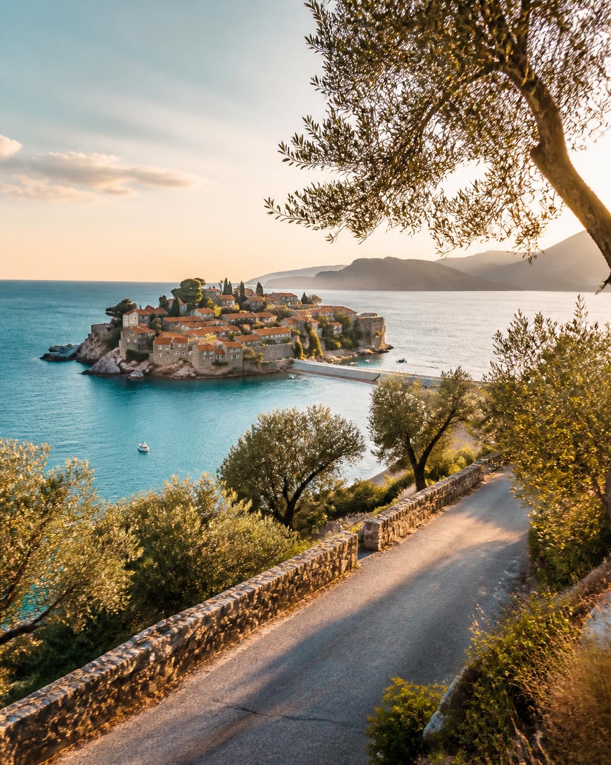 A red-roofed stone island village on a turquoise Dalmatian bay, olive trees and a quiet coastal road above the water.